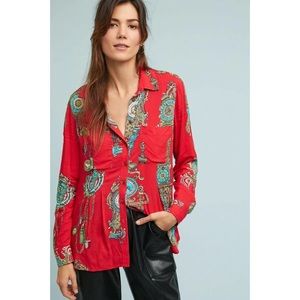 anthropologie maeve red clock pattern blouse